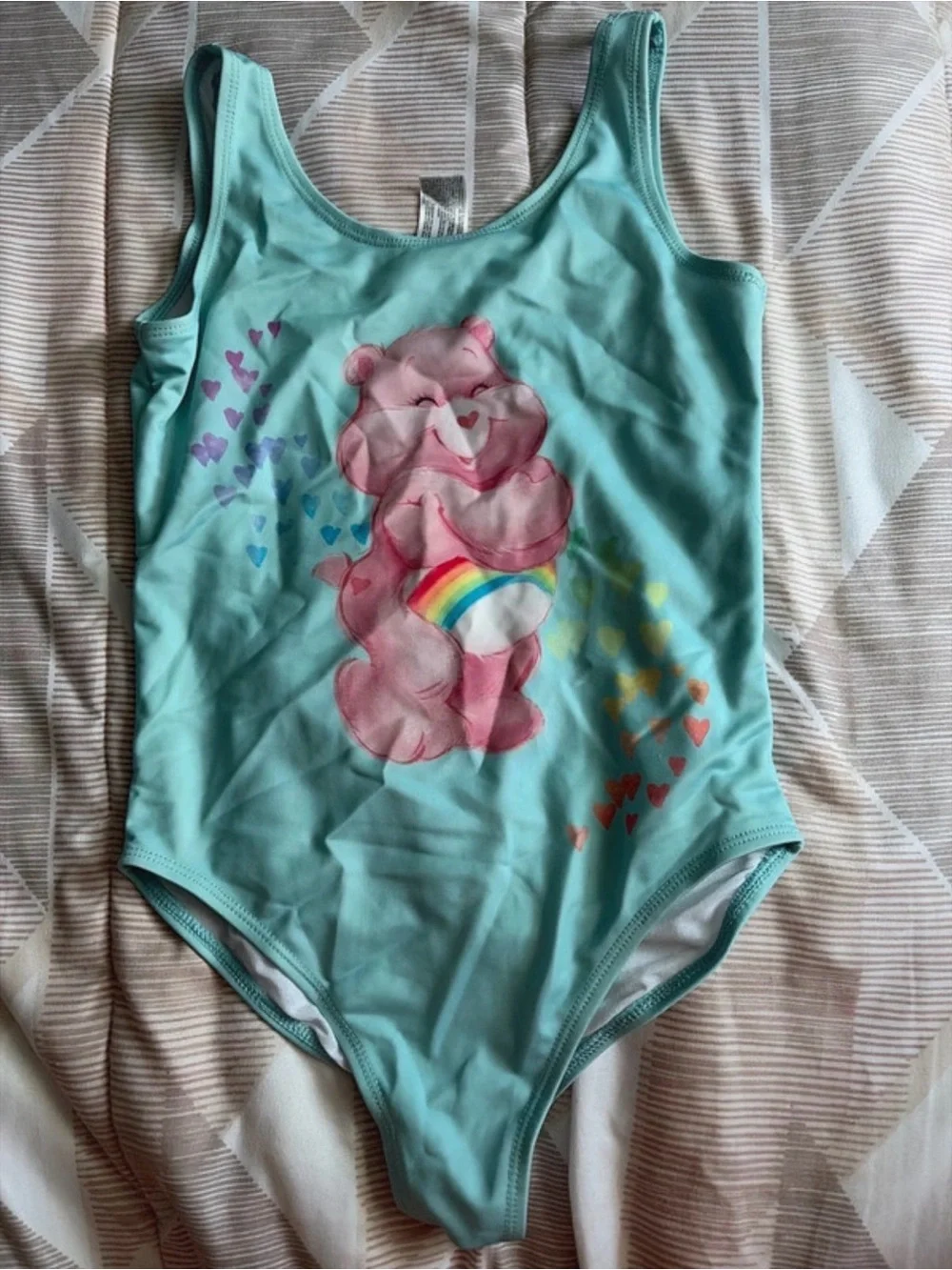 Care Bears Teal One-Piece Swimsuit with Pink Bear and Rainbow Heart